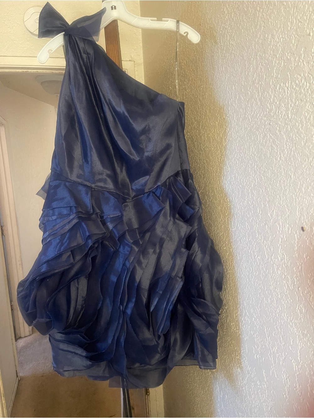 White by Vera Wang One-Shoulder Shimmery Navy Blue Cocktail Dress - Picture 2 of 5